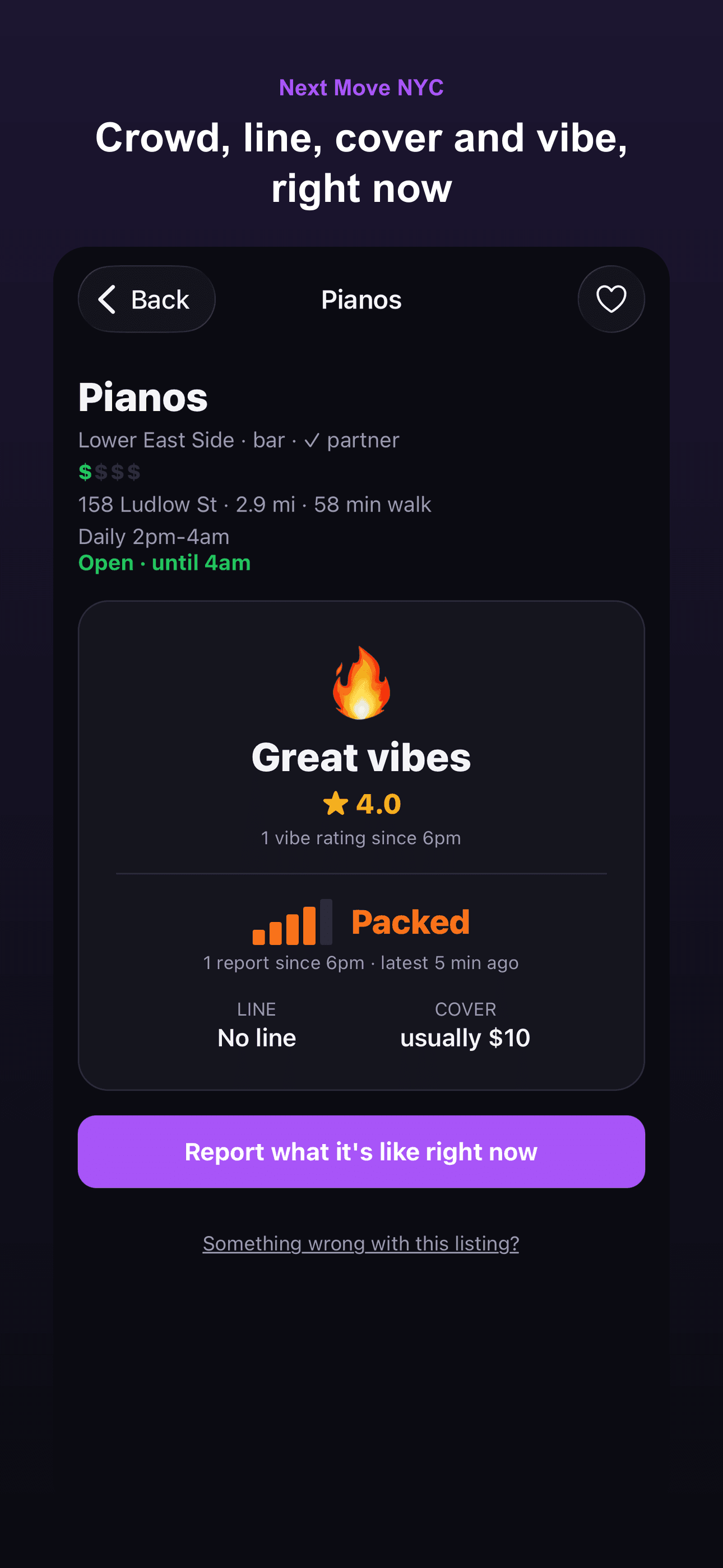 A bar page: vibe, crowd, line and cover, with report counts since 6pm