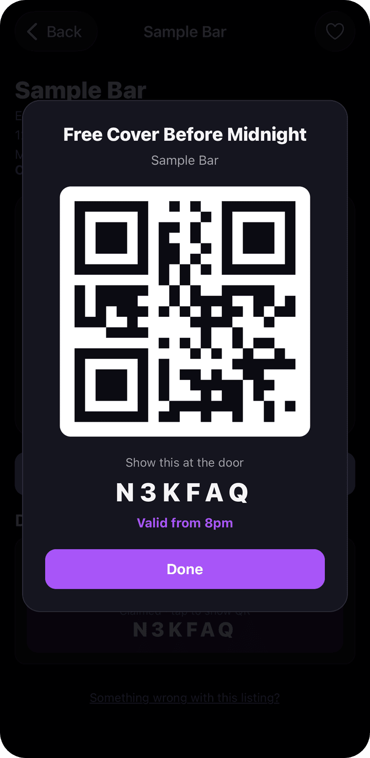 A claimed deal showing its QR code